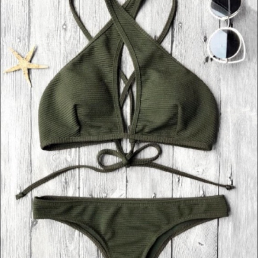 Rib textured keyhole wrap bikini set - deep green